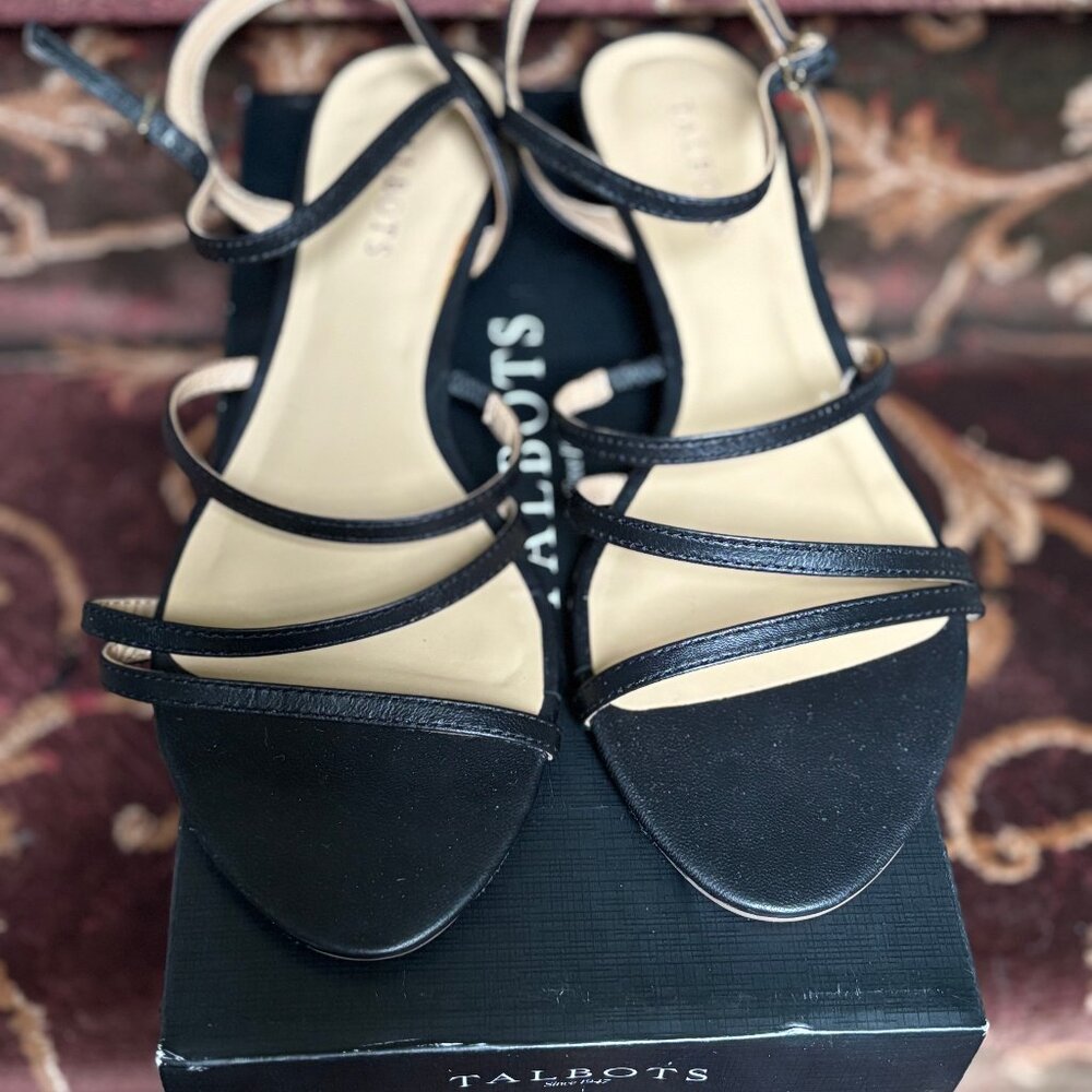 New in Box Talbots Capri Cross Straps Mini-Wedge Sandals Leather Black Size 8.5